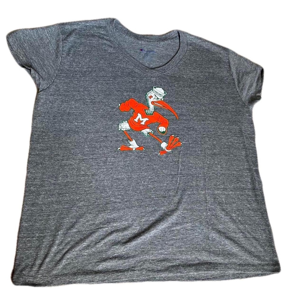 Champion University of Miami Sebastian the Ibis gray v neck tee - size XL